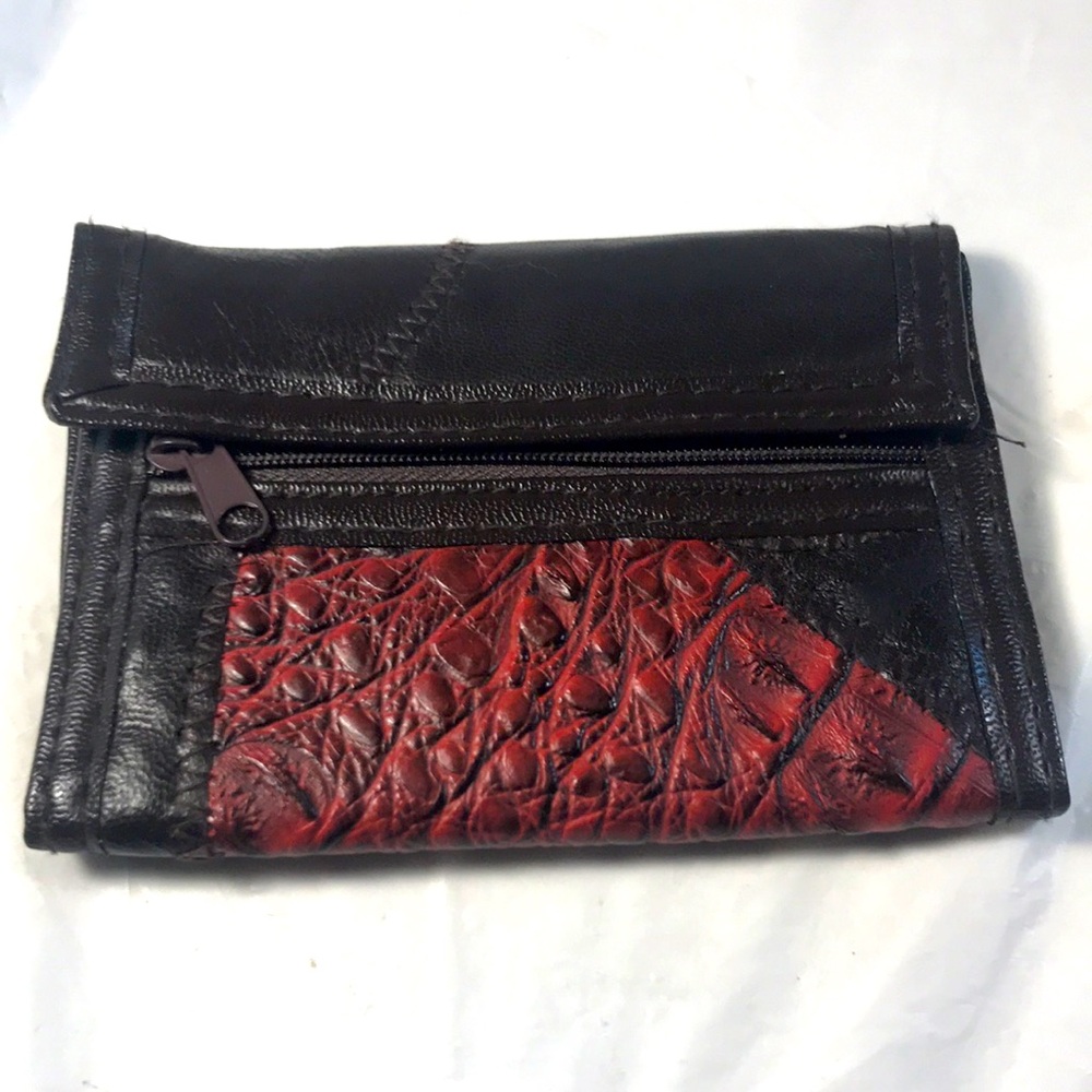 Vintage Ox Blood and Brown Patchwork Reptile Print Leather Biker Western Wallet